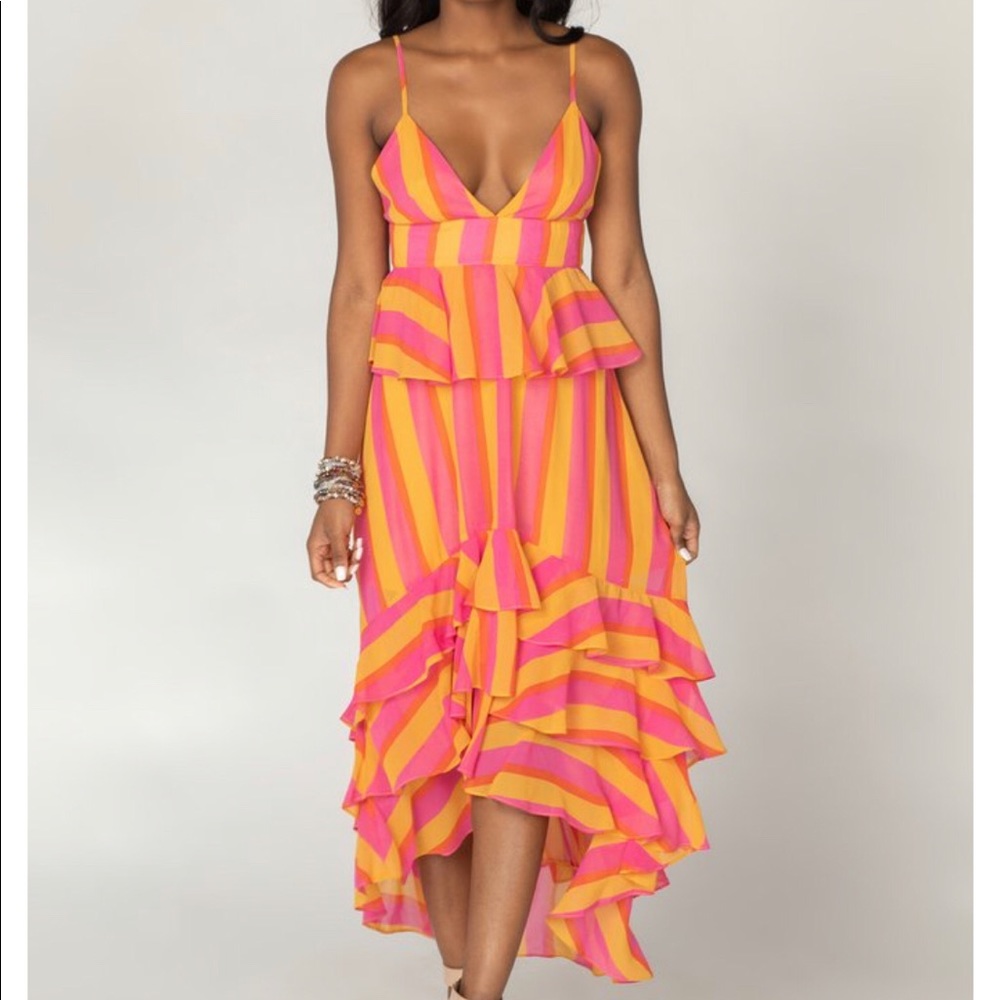 GEORGIA RUFFLED TIERED SLEEVELESS HIGH-LOW DRESS